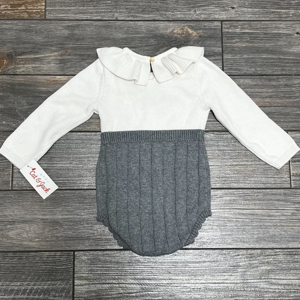 Cat & Jack Baby Girl 18 Months Grey Gray White Sweater Jumper One Piece Outfit - Picture 10 of 13